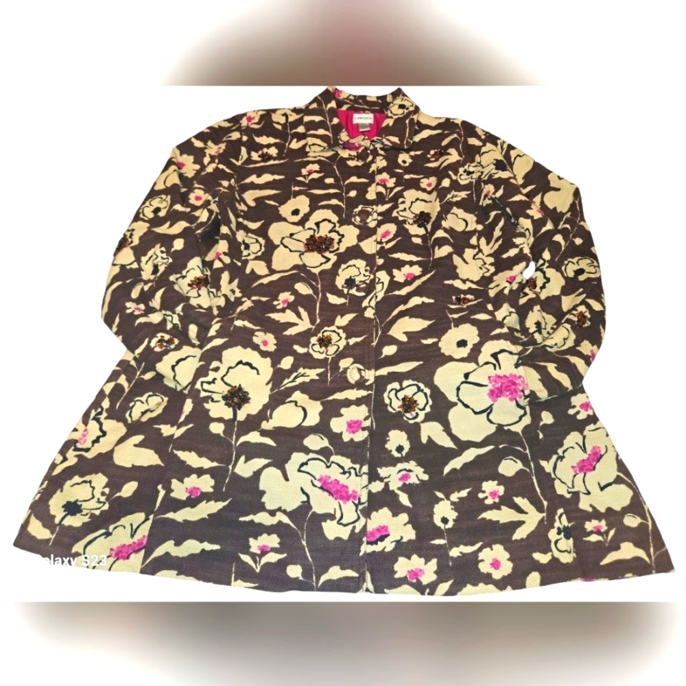 Women’s Floral Print Jacket - Brown & Cream with Pink Accents